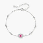 Elegant sterling silver chain bracelet featuring pink moissanite center stone in cushion halo setting with adjustable clasp