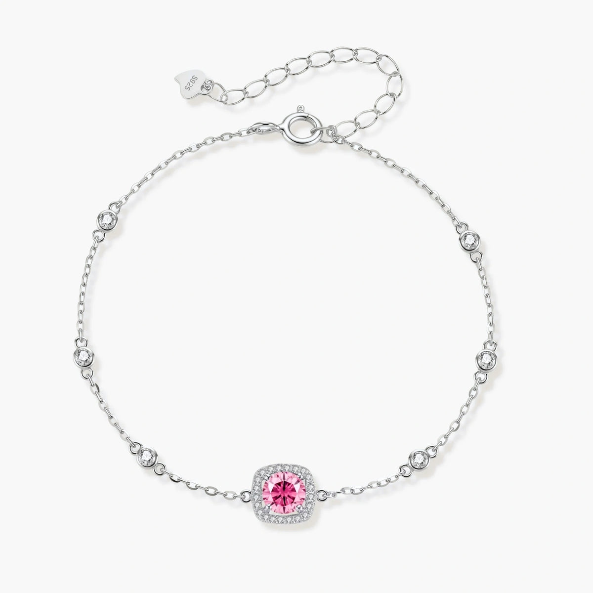 Elegant sterling silver chain bracelet featuring pink moissanite center stone in cushion halo setting with adjustable clasp