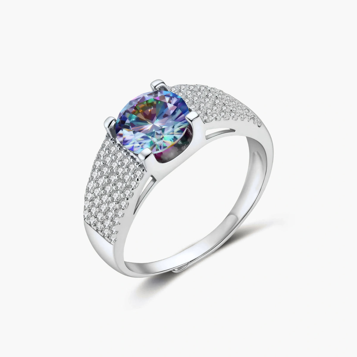 Sterling silver adjustable ring with brilliant round moissanite center stone and pavé diamond band showing rainbow fire