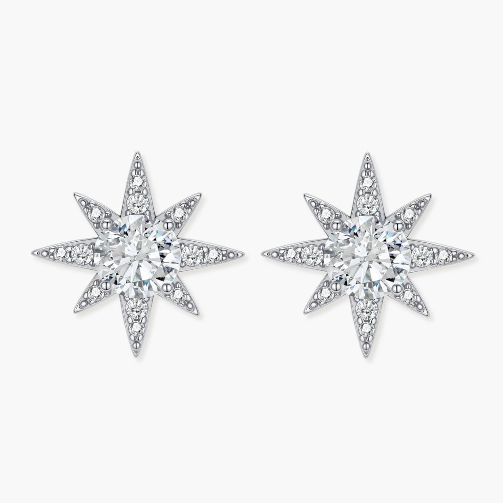 Sterling silver star-shaped stud earrings with brilliant moissanite center stones and pavé details on neutral background.