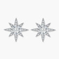 Sterling silver star-shaped stud earrings with brilliant moissanite center stones and pavé details on neutral background.