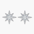 Sterling silver star-shaped stud earrings with brilliant moissanite center stones and pavé details on neutral background.