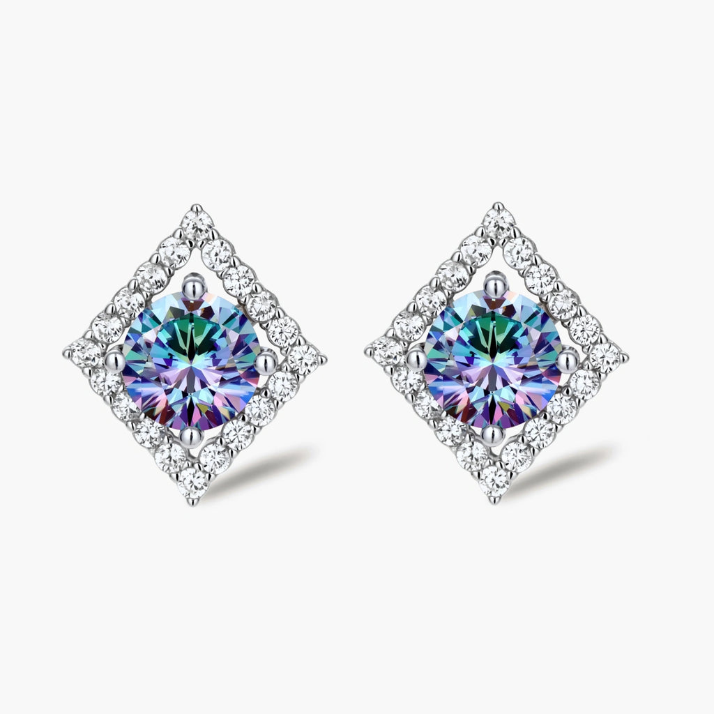 Diamond-shaped sterling silver stud earrings with rainbow moissanite centers surrounded by crystal halos