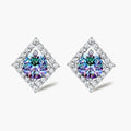 Diamond-shaped sterling silver stud earrings with rainbow moissanite centers surrounded by crystal halos