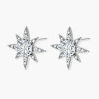 Sterling silver star-shaped stud earrings with brilliant moissanite center stones and pavé details on neutral background.