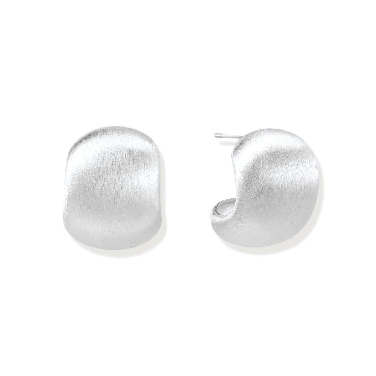 Brushed sterling silver cushion-shaped stud earrings with matte finish on white background