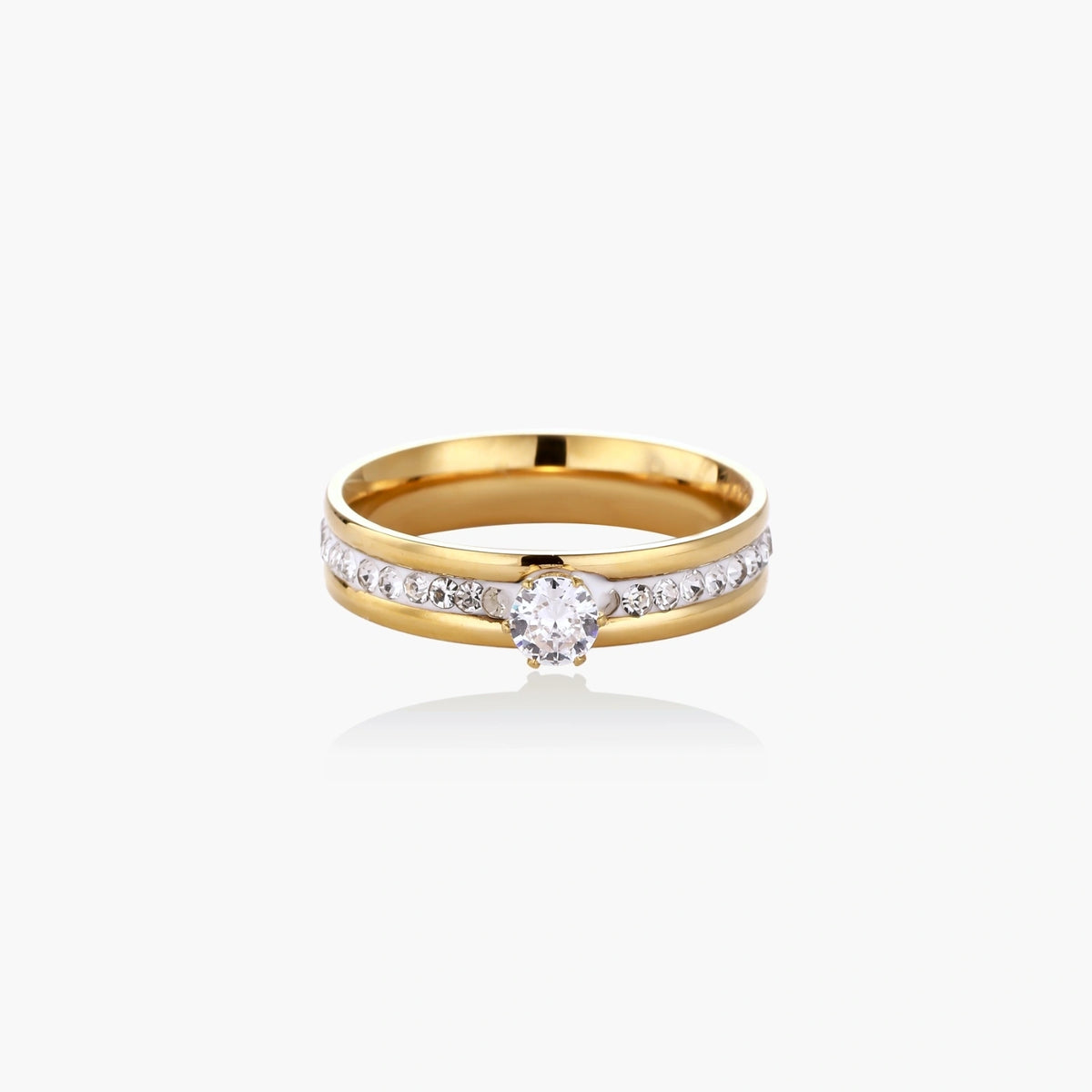 Gold-plated double-band ring with center rhinestone solitaire and channel-set stones on white background