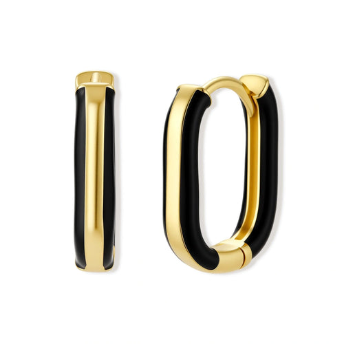 Modern hoop earrings with gold-plated and black sections, featuring hinged closure on white background.