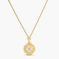 Gold-plated flower pendant necklace with brushed finish, open-work center, marquise CZ stones on wheat chain, S925 stamp.