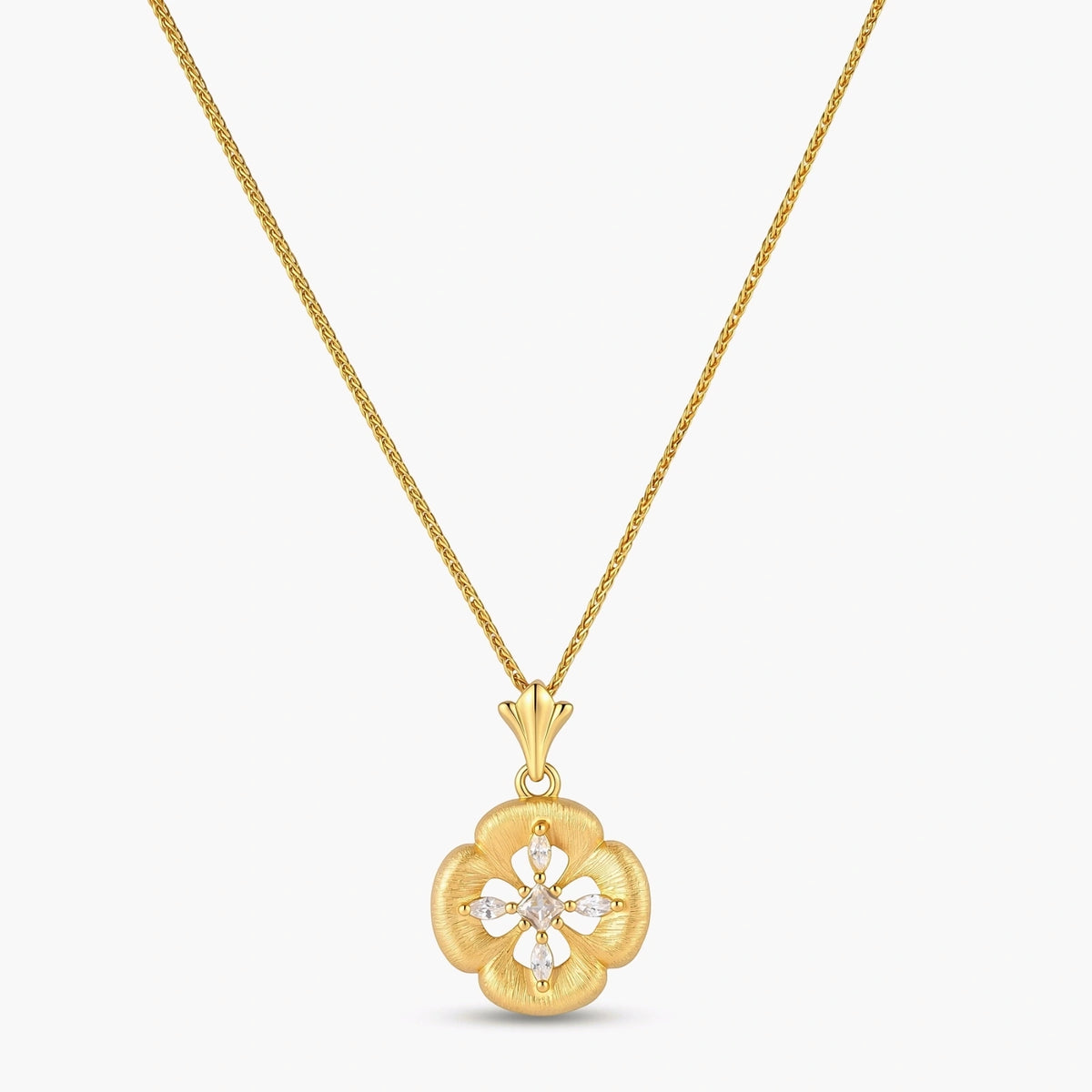 Gold-plated flower pendant necklace with brushed finish, open-work center, marquise CZ stones on wheat chain, S925 stamp.