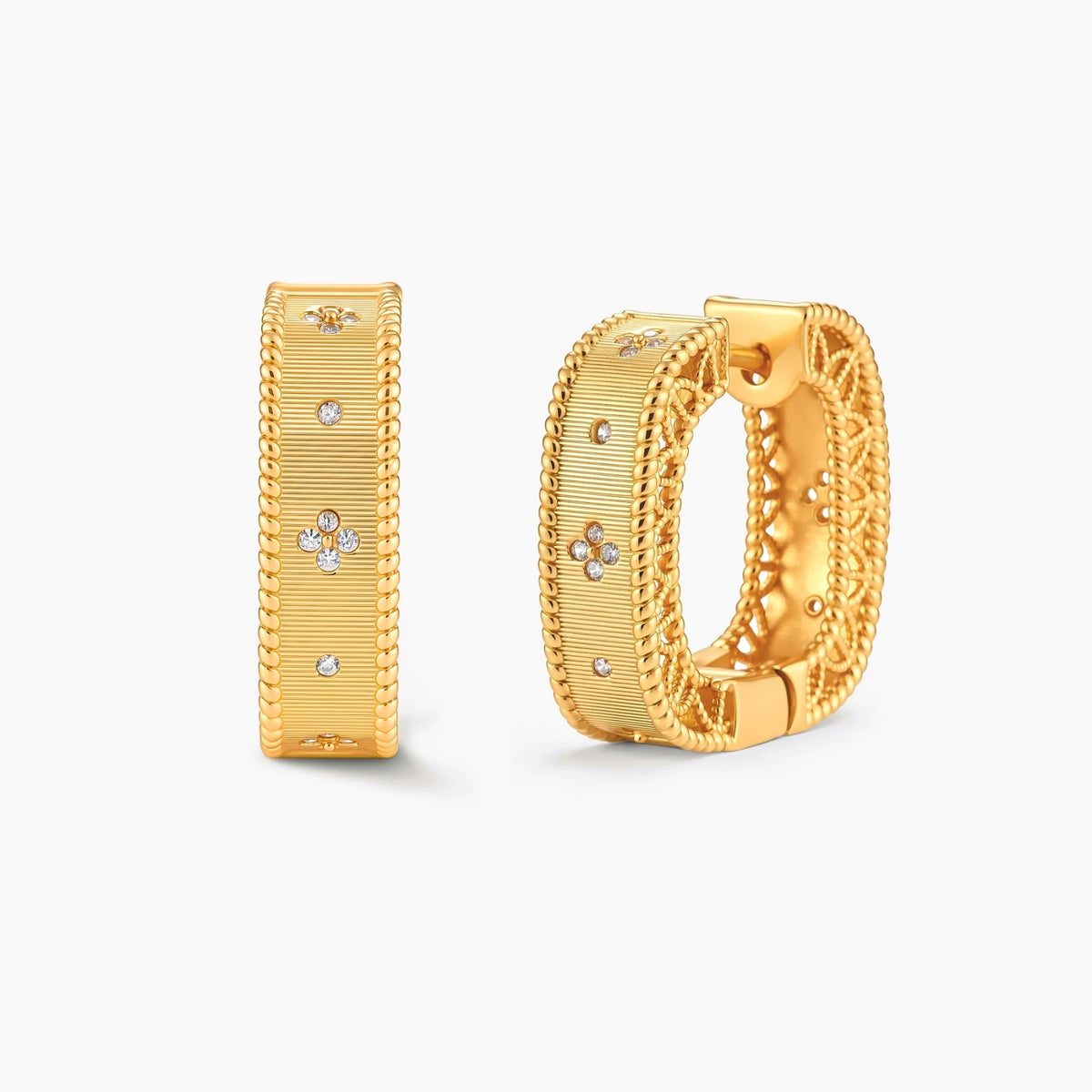 Square huggie hoop earrings in 18K gold-plated silver with ribbed texture, rope borders, floral CZ clusters, and filigree inner lace.