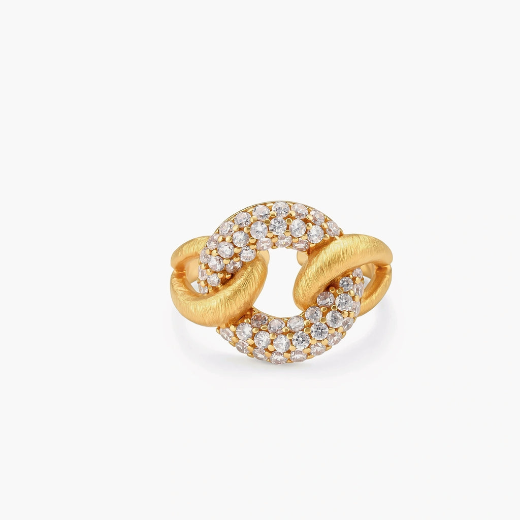 Adjustable 18K gold-plated open cuff ring with interlocking chain links, one brushed gold, one pavé-set cubic zirconia. S925 stamped.