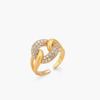 Adjustable 18K gold-plated open cuff ring with interlocking chain links, one brushed gold, one pavé-set cubic zirconia. S925 stamped.