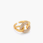Adjustable 18K gold-plated open cuff ring with interlocking chain links, one brushed gold, one pavé-set cubic zirconia. S925 stamped.