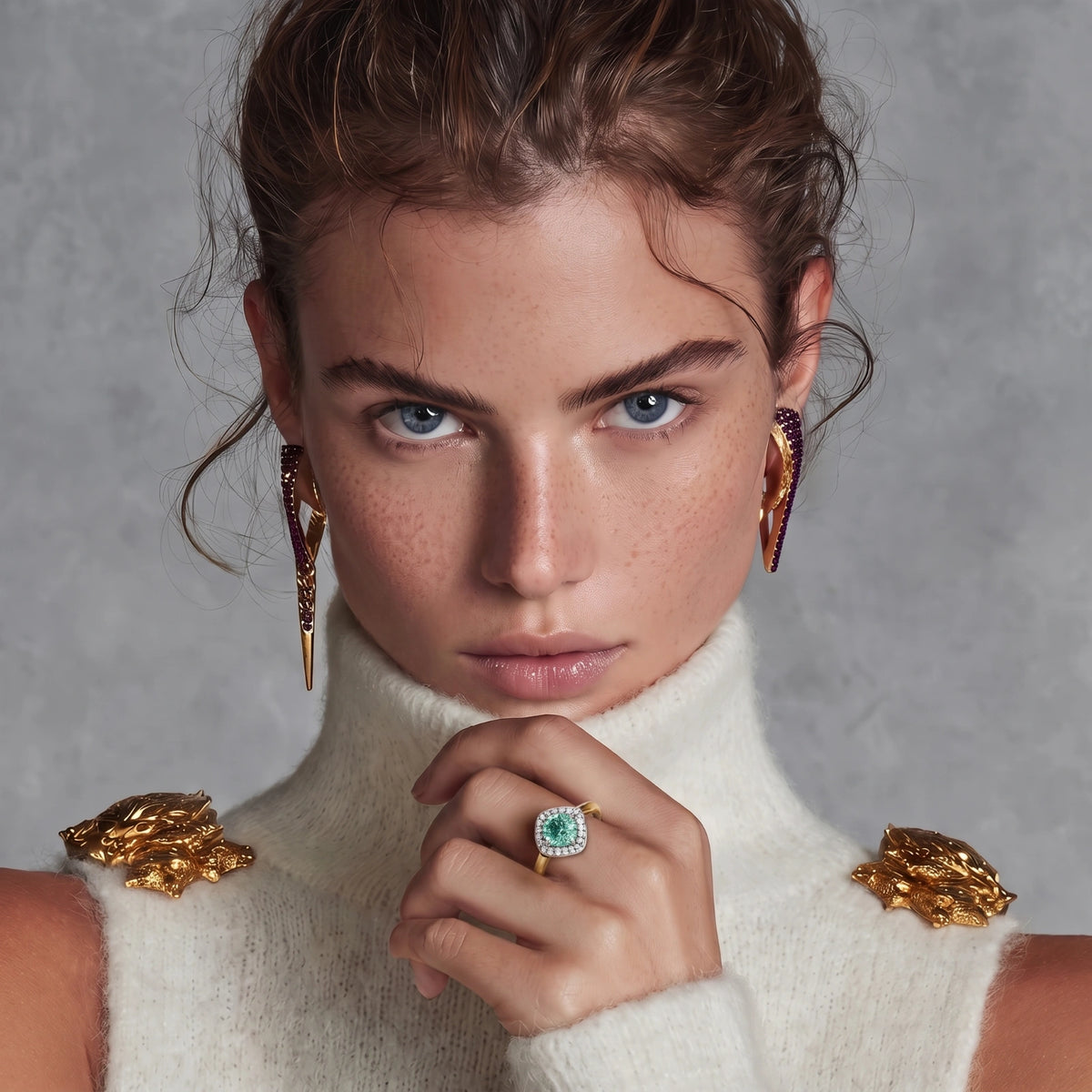 Anillo con halo de resplandor esmeralda