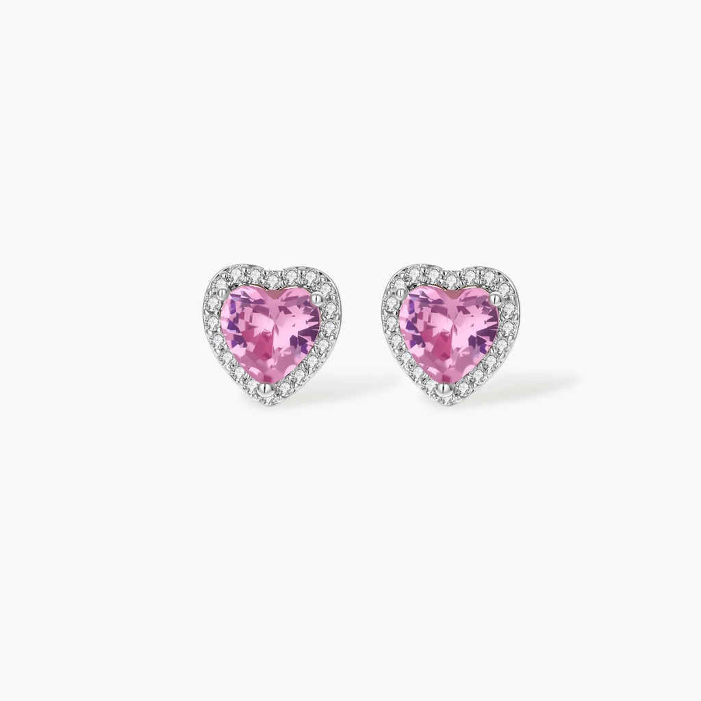Pink heart-shaped cubic zirconia jewelry set with white gold plating featuring necklace, earrings, bracelet and ring