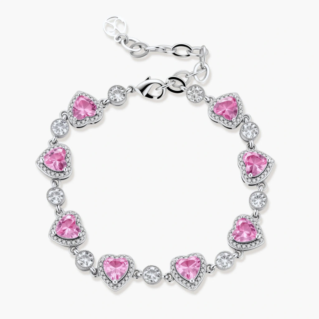 Pink heart-shaped cubic zirconia jewelry set with white gold plating featuring necklace, earrings, bracelet and ring